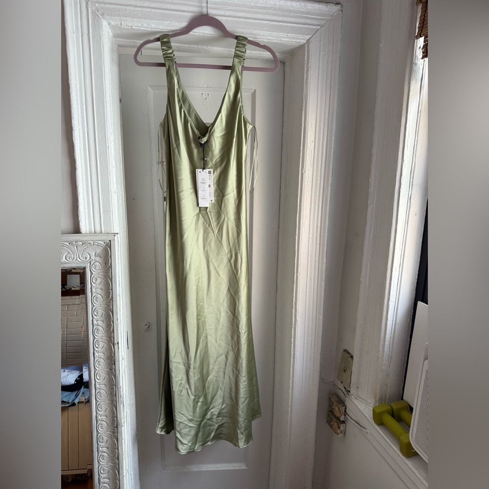 Zara Olive Satin Maxi Slip Dress